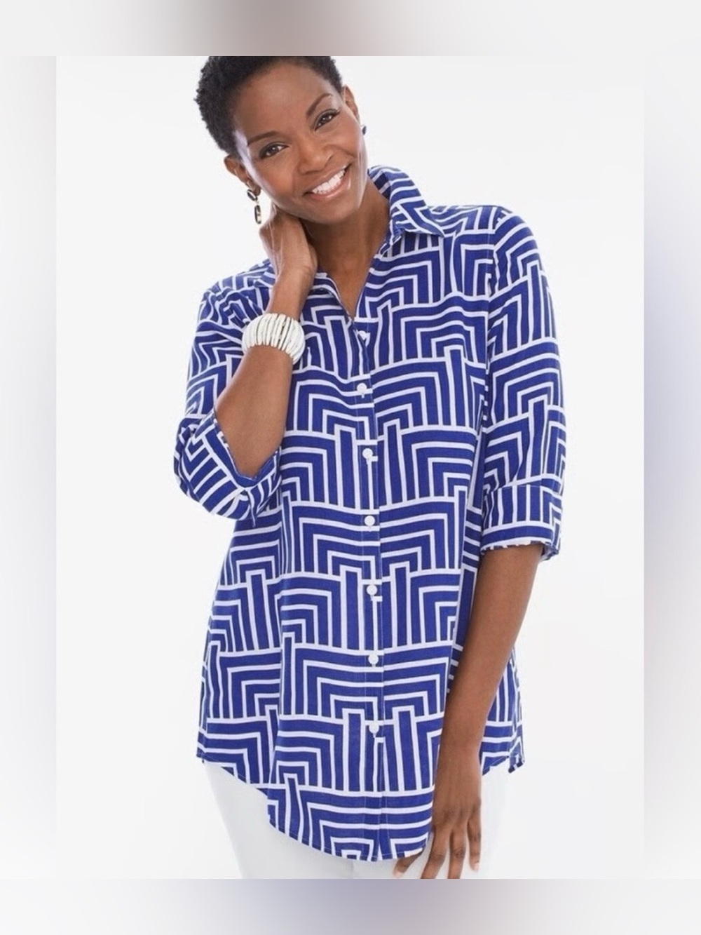 Chicoโs Linen Top, Sz. 2P (LP) Royal Blue/White Pattern, 3/4 Sleeves, Button Up